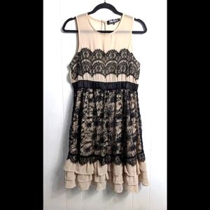 Medici Black Lace Mesh Illusion Dress L Sleeveless Semi Sheer Layered Ruffle